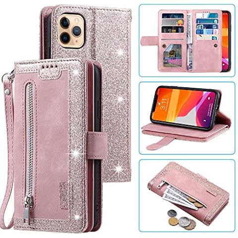 UEEBAI Wallet Case for iPhone 12 iPhone 12 Pro 6.1 inch, Retro 9 Card Holder Slots Zipper Pocket Handbag Case PU Leather Magnetic Closure Kickstand with Wrist Strap TPU Shockproof folio Case-Rose Gold Cover