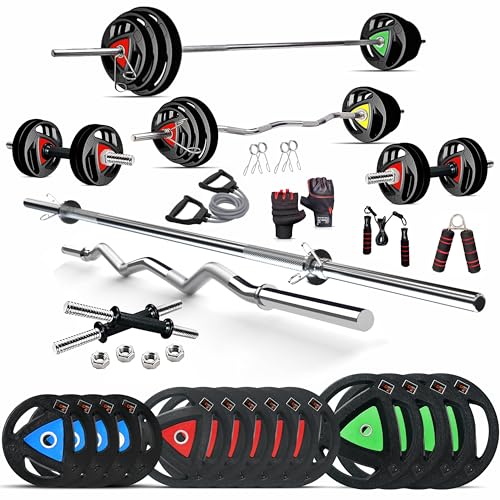 Image of DREAM FIT Rubber Coated Metal Integrated Weight Plates 80Kg Professional Home Gym Combo with 23mm 3ft curl rod, 23mm 5ft straight rod, 1 pair dumbbell rods with steel nuts and gym accessories (80kg set)