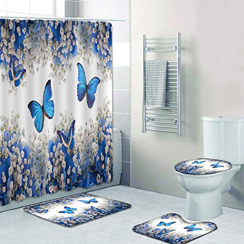 Bullpiano 4-teiliges Blumenduschvorhang-Set mit rutschfestem Teppich, Toilettendeckelabdeckung Badematte wasserdichtem Duschvorhang für Schmetterlinge Blumen Badeduschvorhang für Badezimmer