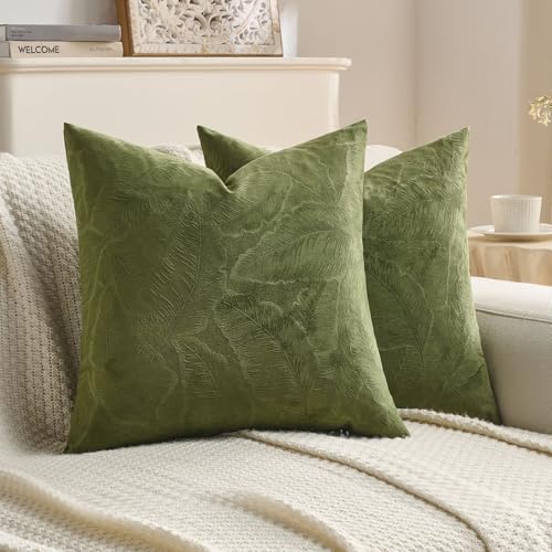 Image of FUTEI Pack of 2 Velvet Throw Pillow Covers 16x16 Inch Soft Embossed Leaf-Relief Textured Decorative Cushion Cases Modern Natural Farmhouse Accent for Couch Bed Living Room, Moss Green