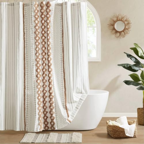 Image of INK+IVY Imani Tufted Chenille 100% Cotton Shower Curtain Boho Bath Curtains for Bathroom, Colorful Stripes Modern Farmhouse Shower Curtain, Bathtub Privacy Screen,Machine Washable 72 inch x 72 inch, Rose Clay