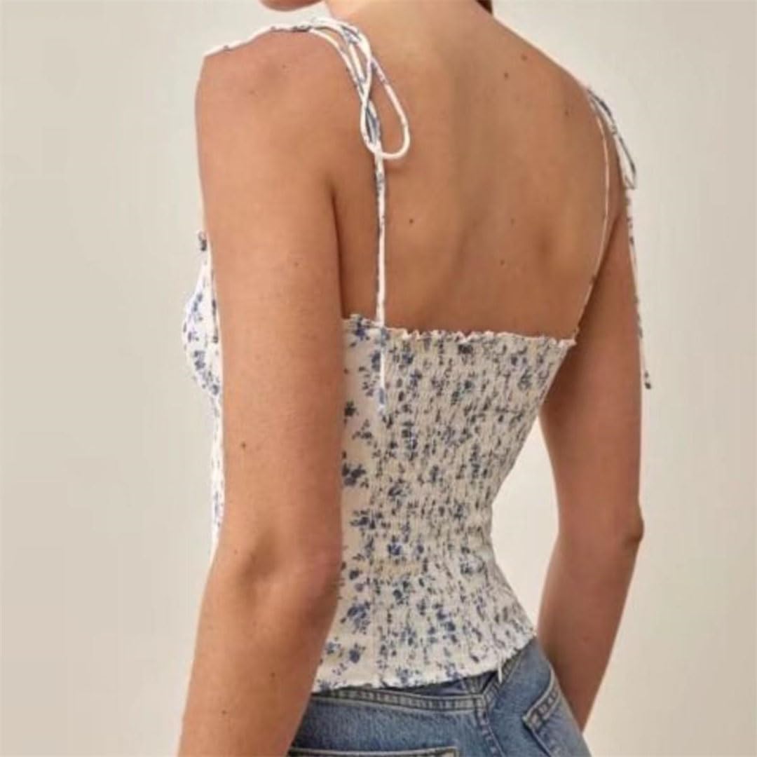 Camiseta sin tirantes con estampado floral azul de verano para mujer, sin tirantes de gasa
