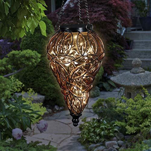 Exhart Amber Solar Lantern – Glass Tear-Shaped Hanging Lantern – Teardrop Glass Ceiling Lantern Hangs in a Metal Cage w/ 12 Blue LED Firefly Solar Lights 7