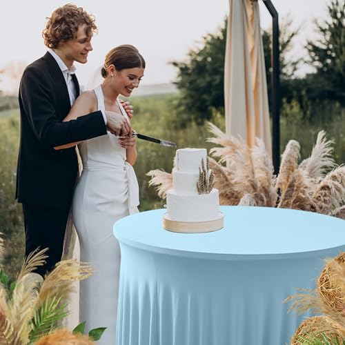 Image of 60 Inch Spandex Round Table Skirts ,Fitted Stretch Tablecloths for Round 5 ft Table, Wrinkle-Free Ruffle Design Tablecloths for Baby Shower, Banquets,Trade Shows, Parties, Events, Baby Blue,6 Pcs