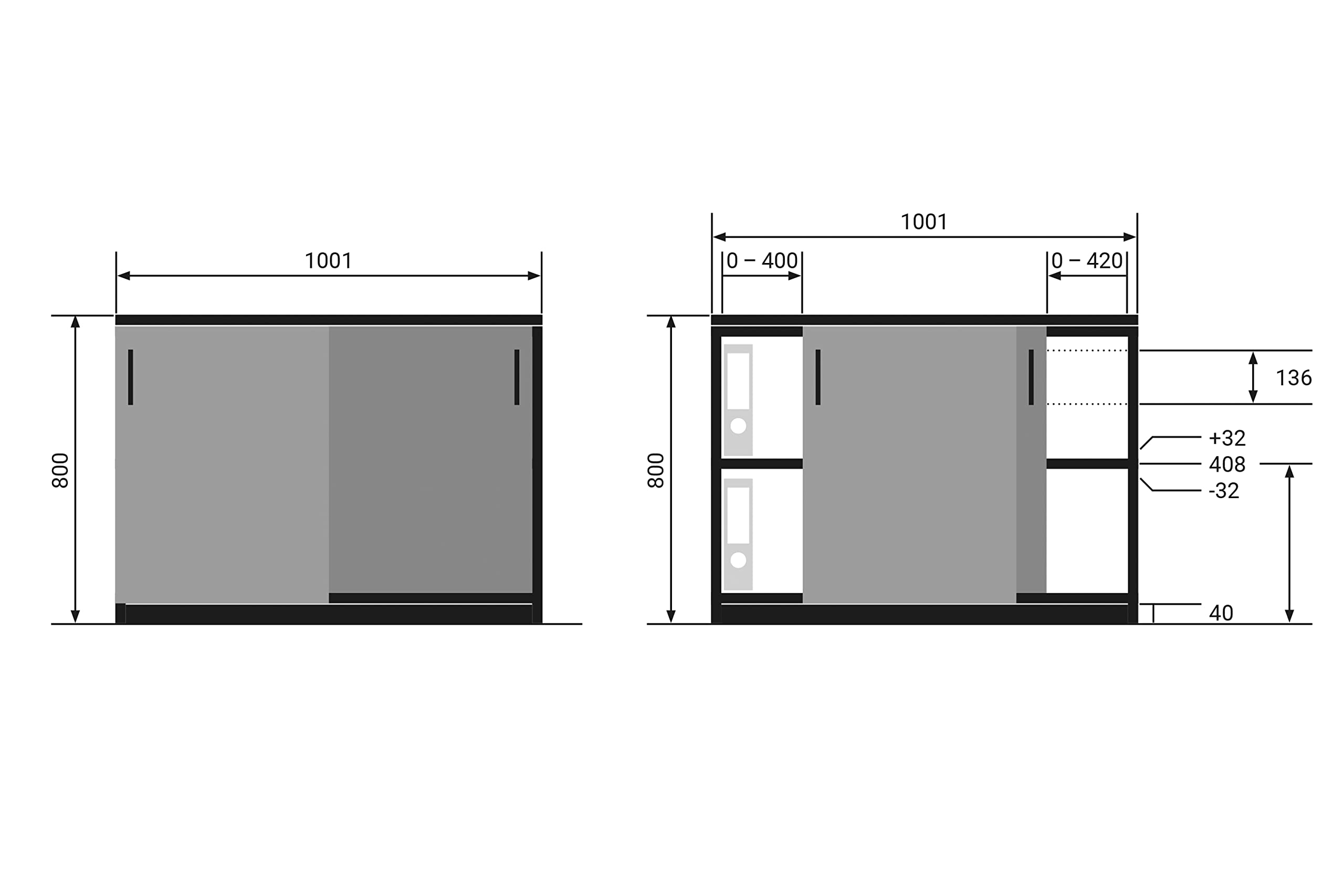 boho office® be.smart - Schiebetürenschrank mit 2 Türen und höhenverstellbaren Einlegeböden in weiß mit Front in Eiche und weißen Griffen