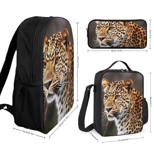 3 Piece Backpack for Women Men Lightweight Causal Daypack Shoulder Bag Set with Insulated Lunch Bag And Pencil Case Organizers Leopard52