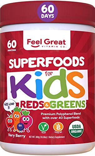 Feel Great Organic Super Reds Powder for Kids - Very Berry | Vegan Multivitamin Powder with Probiotics & Digestive Enzymes for Digestive Health | 60 Days Supply