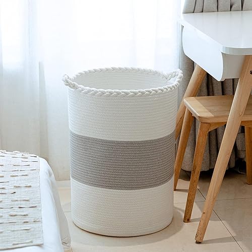 Image of ALBY Woven,Tall Wicker Laundry Basket for Blankets,Clothes,Pillows,Toys,Shoes Large Cotton Laundry Hamper for Bedroom Living Room Bathroom Nursery (12''D x 15''H INCH, GreyA)