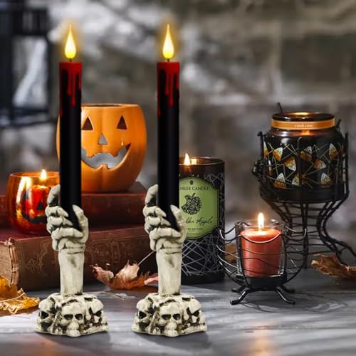 Image of Black Flameless Taper Candles Battery Operated with Remote and Timer, Blood Dripping Wax LED Flickering Candles Skeleton Hand Holders Dinner Table Halloween Decor Lights(2 Pack, 3 inch x 12 inch)