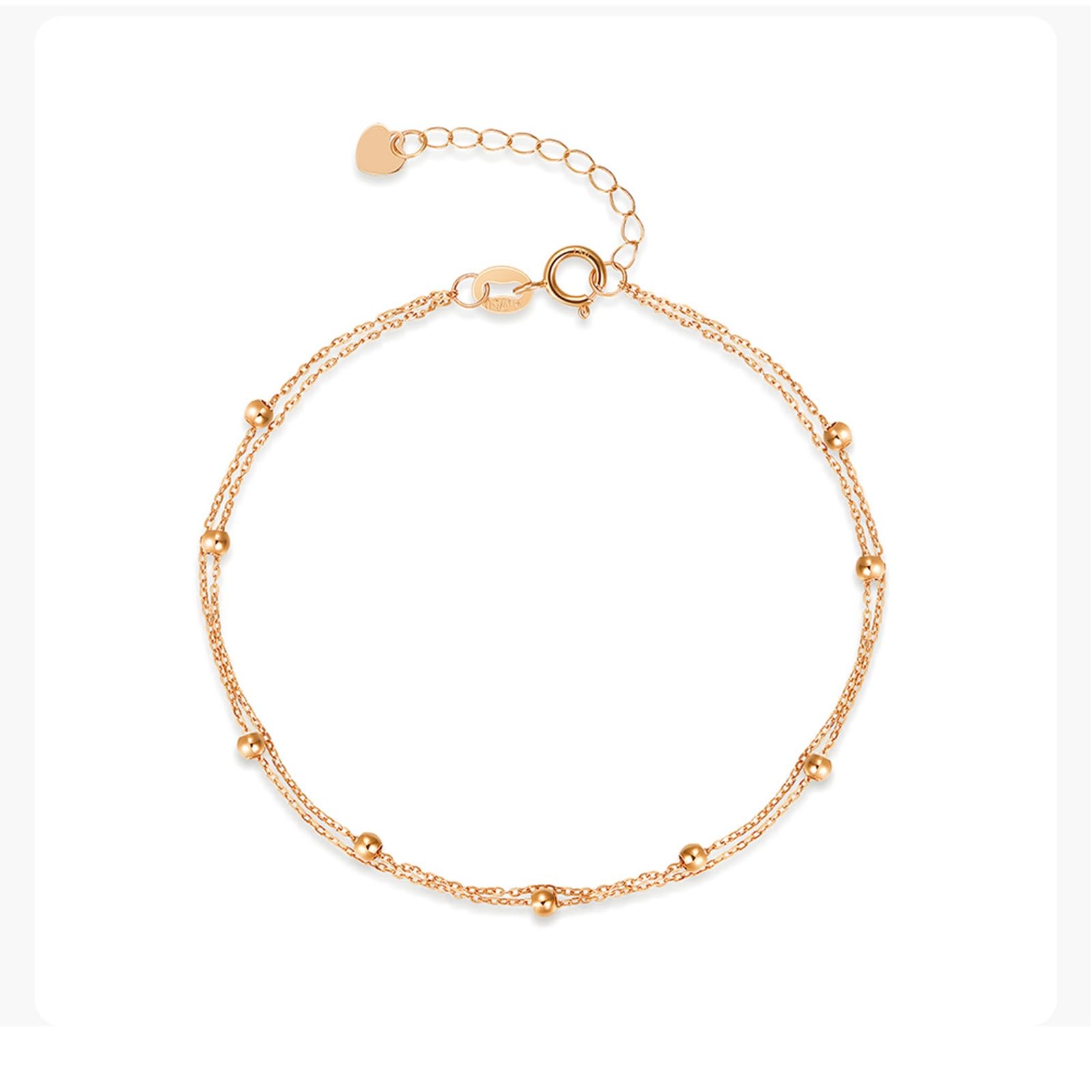 Bracciale Oro Rosa 18k/14k/9k, Bracciale Catena Doppia con Perline 16-18 cm Estensione 4 cm, Braccialetti Donna Matrimonio