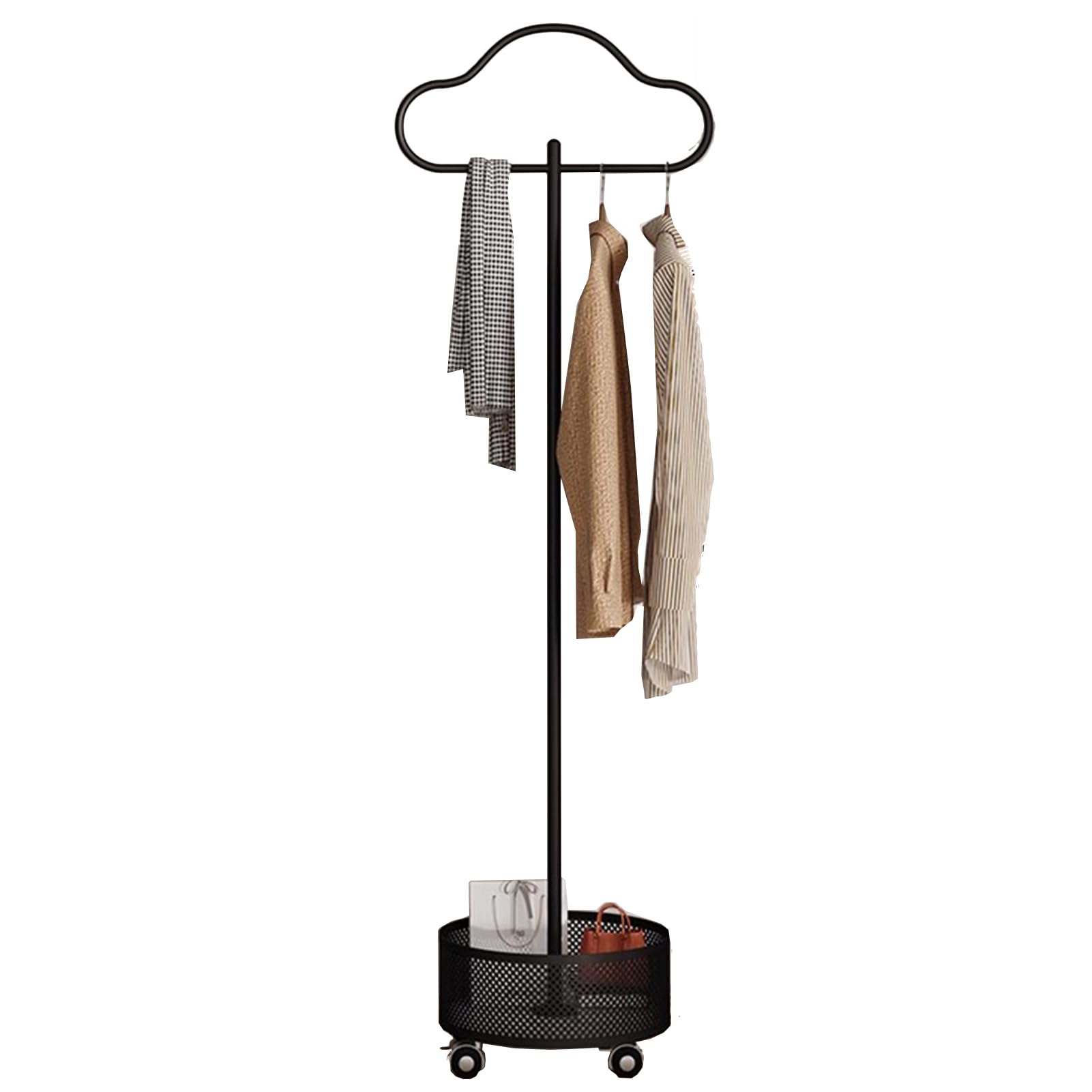 SXYKXYDL Heavy Duty Garment Rack with Wheels, Modern Freestanding Metal Clothing Rack with Storage Basket, Entryway Coat Hanger Stand for Jackets, Hats, and Dresses