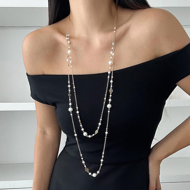 Statement Long Pearl Necklaces for Women Layered Gold and Fake Pearls Chain Necklace Dainty Fashion Layering Vintage Boho Beaded Choker Jewelry Trendy - Image 4