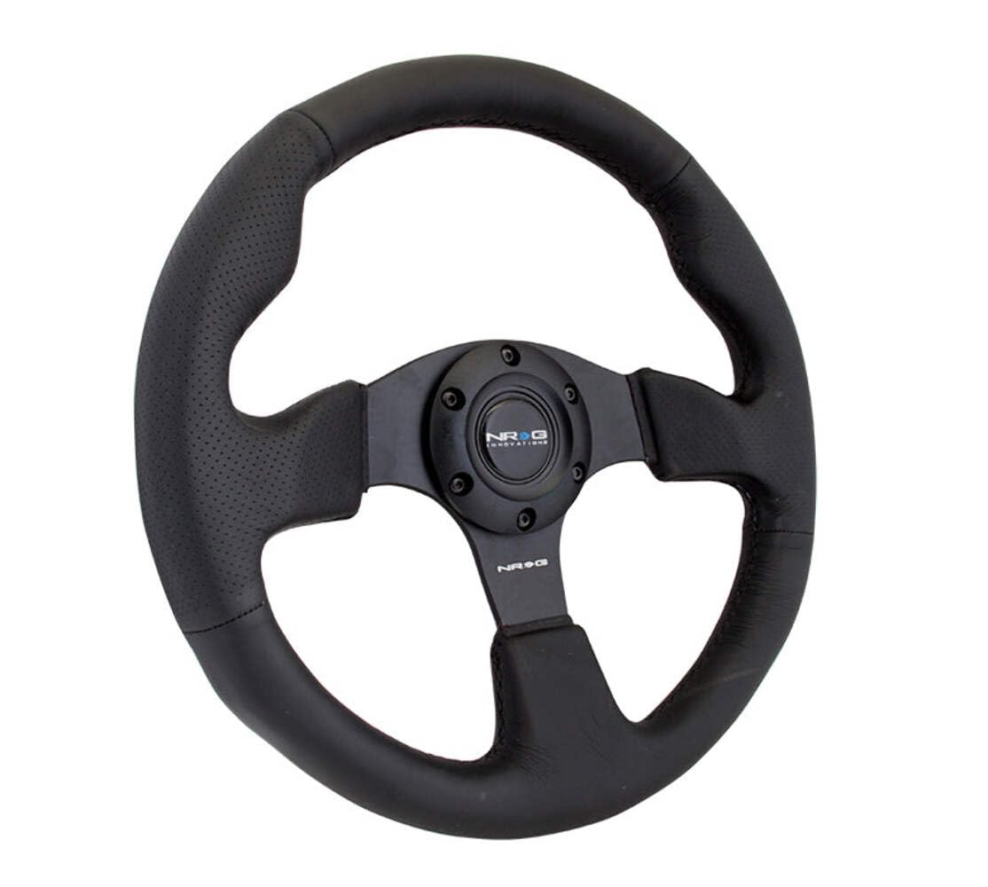 NRG Innovations NRG-RST-012R - Volante rinforzato in pelle, 320 mm, con cuciture nere, impugnatura per pollice nera, doppi raggi rivettati + pulsante clacson