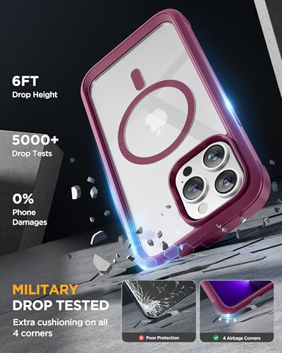 Image of Miracase Magnetic for iPhone 13 Pro Max Case 6.7 inch, (Compatible with MagSafe) Upgrade Full-Body Clear Phone Bumper Case with Built-in 9H Tempered Glass Screen Protector, Magnetic Wine Red