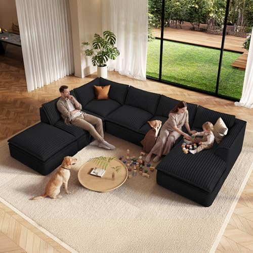 Image of Vesgantti 141.7 inch Oversized Sectional Boneless Couch, Modern 7 Seater Modular Sofa with Chaise & Ottoman, Deep Seat Plush Corduroy Cloud Couches for Living Room, No Assembly Required, Black