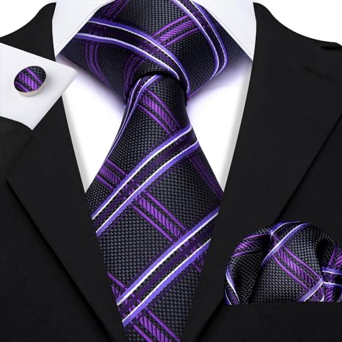 Image of YOHOWA Men Plaid /Striped Ties Set Silk Business Wedding Formal Fashion Necktie and Pocket Square Cufflinks Set