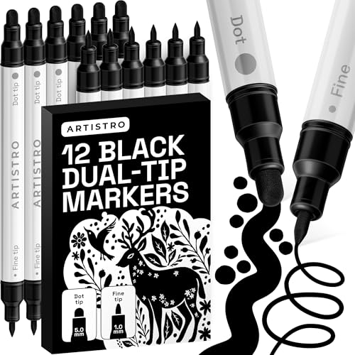 ARTISTRO 12 Black Dual-Tip Acrylic Paint Markers Paint Pens Set with Dot & Fine Tips for Fabric Rock Glass Wood Coloring Books Arts & Crafts Gift Classroom Must Haves & School Supplies