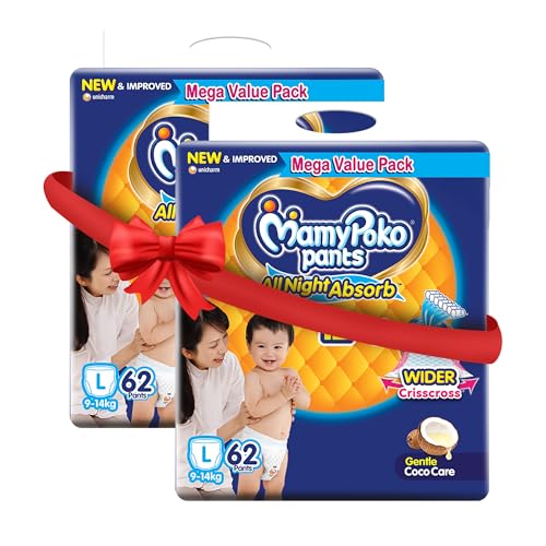 Image of Mamypoko pants All night absorb| Pant Style Baby Diapers Large Size(L), 124 Count, Ideal for 9-14Kgs|1 Diaper= Upto All night Absorption|Wider Crisscross Sheet|Gentle Coco Care| 12hr Leakage Protection| Prevents Heaviness.