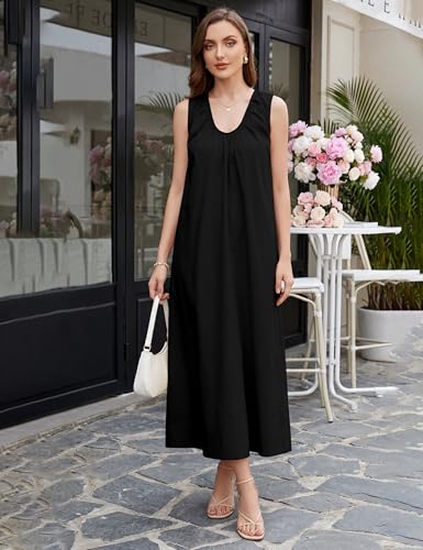 Image of Livtany Women's Scoop Neck Ruched Maxi Dress Flowy Swing Wide Straps Long Dress Casual Sleeveless Sundress with Side Pockets