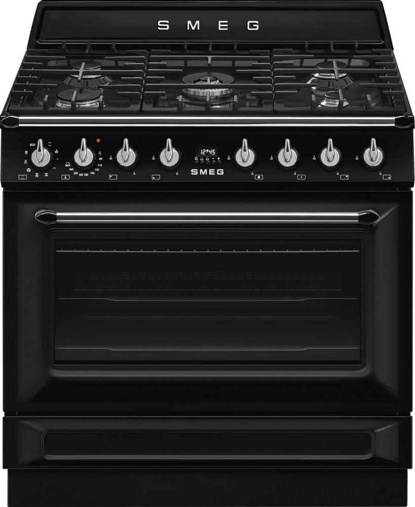 Smeg TR90GMBL Cuisine 90 cm, modèle Victoria, cuisinière à gaz, 5 feux, four électrique multifonction, couleur noir, classe énergétique A