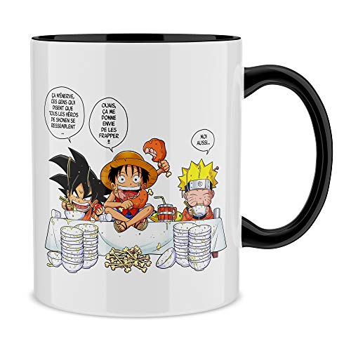 Okiwoki Mug Noir DBZ, One Piece et Naruto parodique Luffy, Naruto et Sangoku : La Recette d'un Bon Shonen Manga (Super Deformed) (Parodie DBZ, One Piece et Naruto)