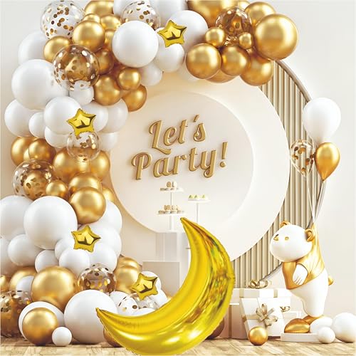 Image of Balloon Decoration Kit - 46 PCS White & Golden Balloons with Moon Foil Balloon for Birthday, Weddings, Anniversary & Events Garland Set | Birthday Decoration Items for Kids & Adults