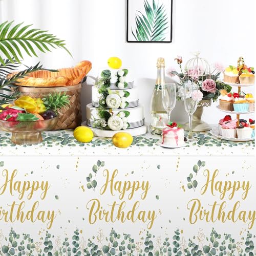 Image of Hahafelt 3 Pcs Sage Green Disposable Tablecloth Happy Birthday Table Cover 54 x 108 Inch Eucalyptus Leaf Plastic Table Cloth Greenery Birthday Party Decorations for Boys Girls Women Men