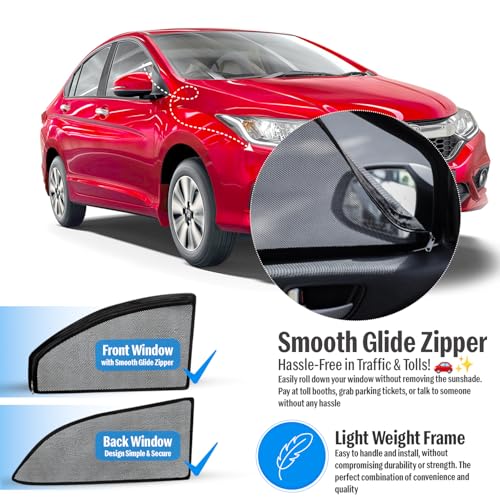 Image of Autofact Magnetic Car Sunshades Compatible with Honda City Ivtech (2009 to 2013) (Set of 4) - Easy Installation, UV Protection, Keeps Car Cool (Front 2 with Zippers, Rear 2 Without Zippers)