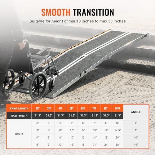 VEVOR Tragbare Rollstuhlrampe 3 m 363 kg Tragkraft rutschfeste Aluminium-Klappschwellenrampe Faltbare Rollstuhlrampe für Mobilitätsroller Behindertenrampe für Hausstufen Treppen Türen Bordsteine