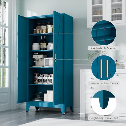 Image of Bevivog 71 inch Tall Storage Cabinets Farmhouse Freestanding Tall Bookshelf with 2 Doors and 4 Adjustable Shelves, Blue Metal Pantry Cabinet for Kitchen Living Room, Home Office, Laundry, Bathroom