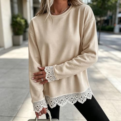Oversized Crewneck Sweatshirts Women Scalloped Lace Trim Cute Pullover Tops - image 2