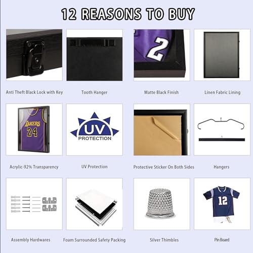 Image of Large Lockable Jersey Frame Display Case Wall Mount, T-Shirt Shadow Box with Clear UV-Protective Acrylic, Hangers Linen Backing for Football, Basketball, Baseball