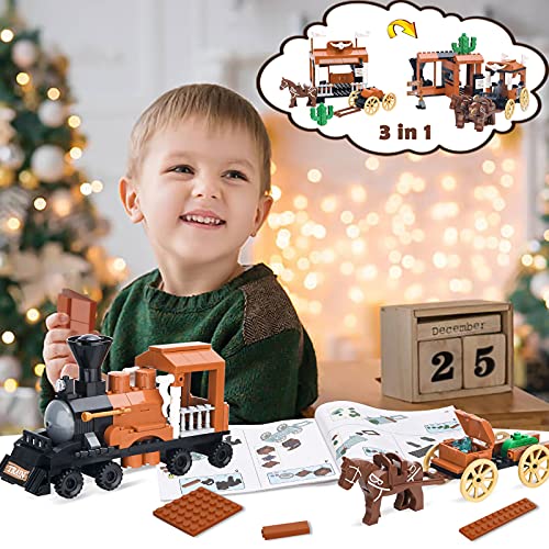 Finebely 3In1 Train Horse Carriage Building Kit, Horse Stable And Animal Horses, Inn And Carriage With Horn Decoration, Creative Western Cowboy Themed Gifts For Boys Ages 6 Years And Up, 212 Pcs #TOP1