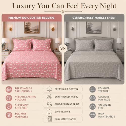 Image of BSB HOME 240 TC Cotton King Size Bedsheet, Premium Soft Breathable Floral Printed Double Bed Sheet, Bed Cover for Bedroom, Durable Bedding, 90 x 100 Inches (229 x 254 cm) - Blush Pink