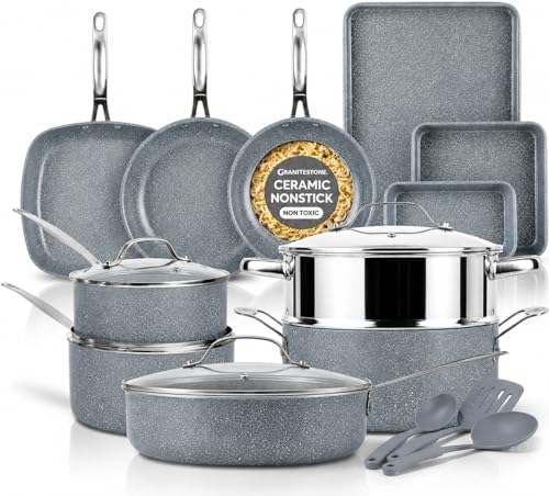 Granitestone Ceraluxe 20 Pc Ceramic Cookware Set Nonstick, Complete Pots and Pans Set Non Stick for Kitchen with Bakeware, Utensils & Steamer, Non Toxic Made Without PFOA PFOS, Oven & Dishwasher Safe