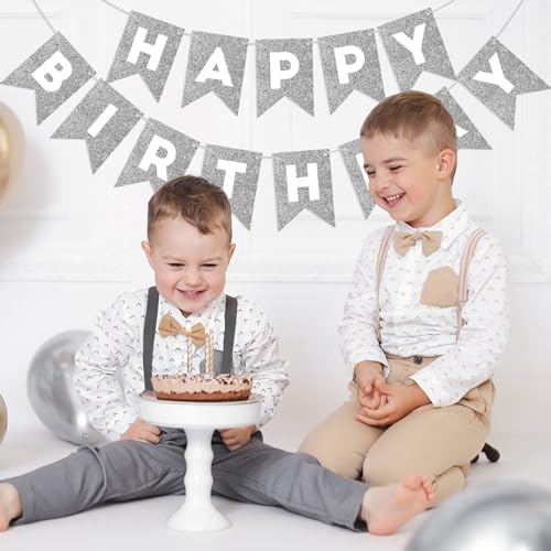 Image of Silver Happy Birthday Banner Happy Birthday Sign for Backdrop Silver Birthday Decorations for Women Men Birthday Party Garland Bunting Banner Kids Adults Party Supplies
