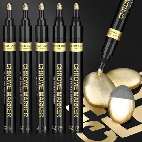 Image of Amitasha 6 Gold Chrome Paint Pens Markers, Premium Mirror Paint Pens for Resin, Glass, Plastic, Steel, Canvas, Stone, Rock Painting, Ceramic Surfaces, DIY Crafts Making Art Supplies