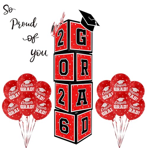 2026 Graduation Decorations Set - So Proud of You - Class of 2026 Balloon Boxes for Memorable Grad Party Supplies, Indoor/Outdoor Congrats Grad Home Door Décor Essentials（red and black）