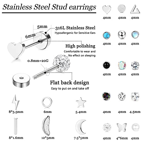 SAILIMUE Stainless Steel Flat Back Earrings For Women Hypoallergenic Gold Cartilage Flatback Earrings Studs Set in Star, Moon 21 Pairs2