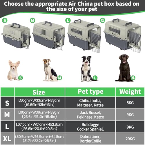 Eldzenith Katzentransportbox, Transportbox Hund mit Sicherheitsverriegelung und LüFtungsgitter, katzenbox für Flugreisen mit Urinbarriere Schalen FressnäPfe und Tragegriff(S, 50×33×33cm)