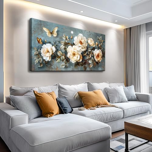 PHAOHUAXM Canvas Wall Decor For Bedroom Wall Art For Living Room Office Decor Abstract White Flower Wall Paintings Pictures Modern Artwork Posters Restaurant kitchen Home Decor Aesthetic 20"x40"