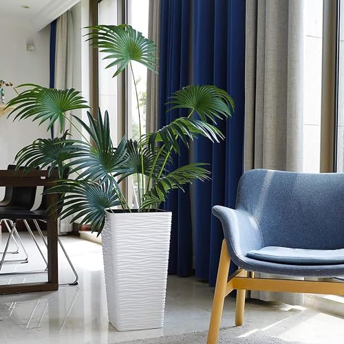 Worth Garden 22" Tall Planters Set of 2 - Plastic White Square Plant Pots - Modern Big Tapered Matte Wavy Tree Flower Pot for Indoor Outdoor Porch Deck