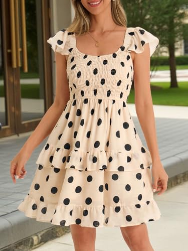 Image of Women Summer Dresses Casual Boho Smocked Ruffle Sun Beach Babydoll Mini Dress Layered Flowy Swing Dress