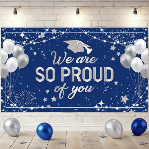 DAZONGE Graduation Decorations - Graduation Backdrop Banner - 78 x 45 We are SO Proud of You Photo Booth Background Decor Sign for Graduation Party Decorations Party Favors(Blue)