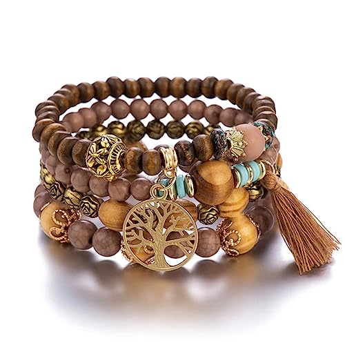 Bracelet Arbre de Vie bohème en perles de bois pour femme - Lot de 4 pièces fait main