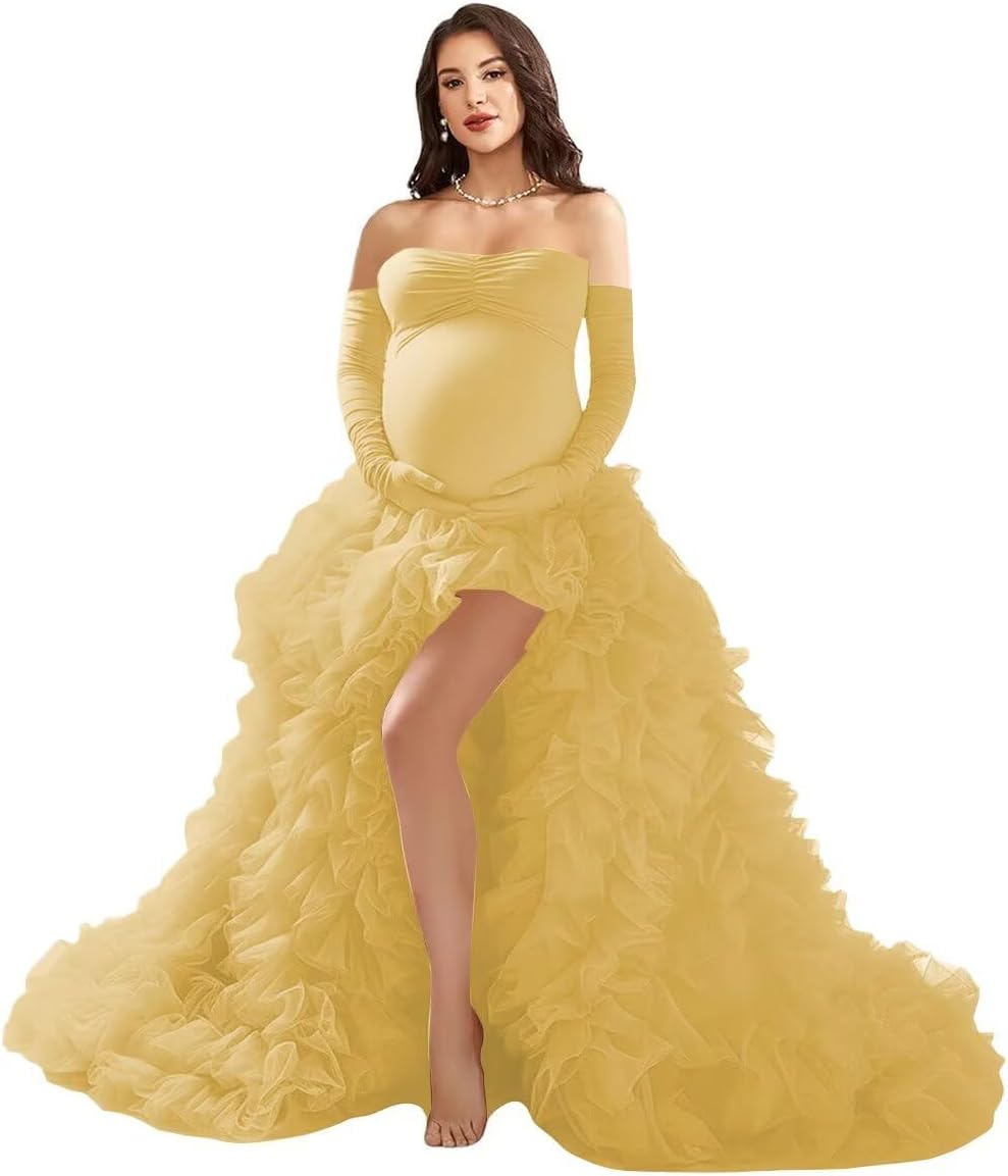 Tianzhihe Tulle Strapless Maternity Dresses for Photoshoot 2026 Satin Ruffle Pregnancy Gown for Baby Shower with Train
