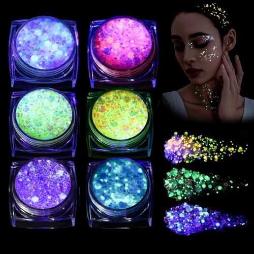 CharmBurst 6 Farben Glitzer Gel Das Im Dunkeln Leuchtet, Körper Glitzer Gesicht Glitzer Für UV Schwarzlicht Partys Raves