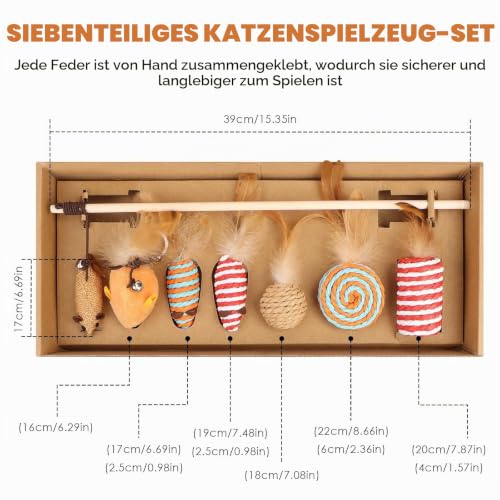 Katzenspielzeug Set, Katzenspielzeug Natur 7 Teile Set, 7-teilig mit Bällen, Mäusen, Federn & Holzangel, fördert Koordination von Kitten, Plastikfrei, Nachhaltig – Für Katzen jeden Al – Bild 3