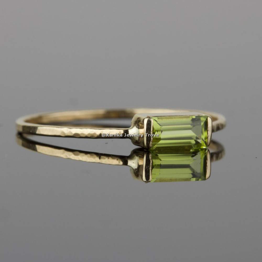 Birthstone Gemstone Baguette Shape Peridot 925 Sterling Silver Ring For Womens, Yellow/Rose Gold Plating Ring for Gift (Ruby/Opal/Lapis/Onyx/Emerald/Sapphire/Quartz/Topaz/Citrine/Garnet/CZ/Turquoise)