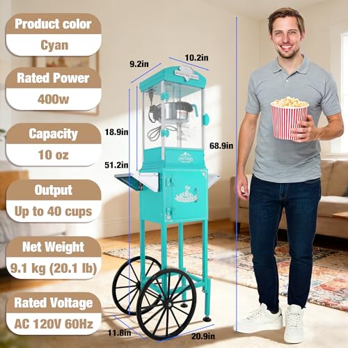 Image of 10oz Popcorn Machine with Cart - Vintage Movie Theater Style Maker - Shatterproof Acrylic and Storage Cabinet for Home Parties, Concessions - Turquoise